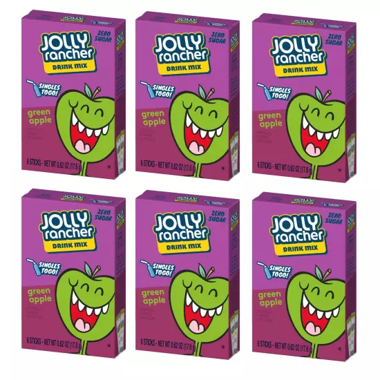 Jolly Rancher SINGLES TO GO Green Apple 6 boxes with 6 packets each - 36 tota...