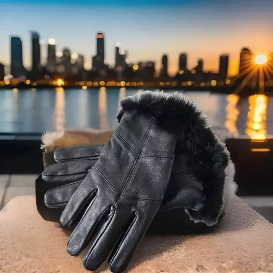 Women's Sz XL Lined Black Leather Gloves With Rabbit Fur Trim EUC