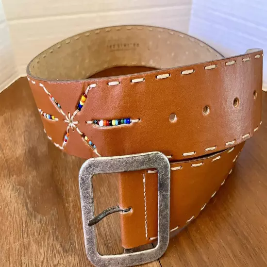 Vintage 90s Beaded Leather Belt 2” Wide Womens L -THE LIMITED Western 36” Total