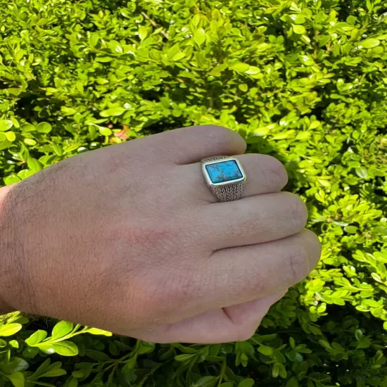 Blue Turquoise Mens Real Solid 925 Silver Navajo Native American Inspired Ring