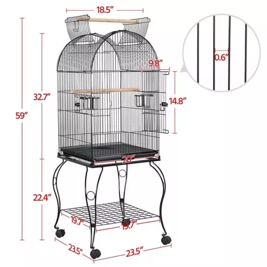 Metal Rolling Bird Cage with 2 Feeders and 2 Wooden Perches, Black