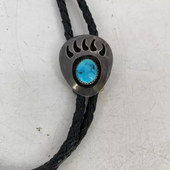 Vintage Navajo Southwest Style Sterling Silver Turquoise Bear Claw Bolo Tie 36in