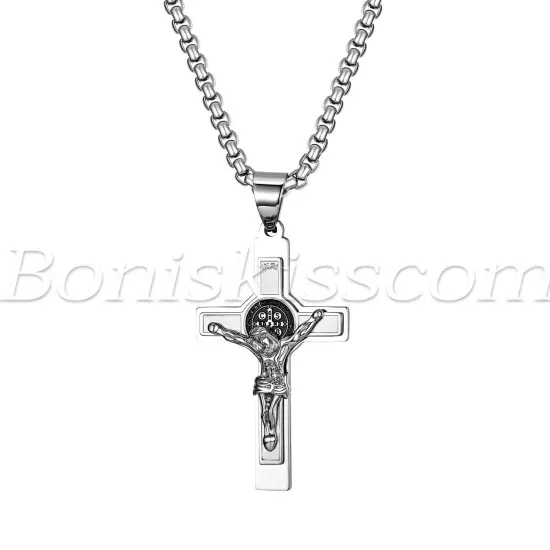 Mens Stainless Steel Saint St Benedict Jesus Crucifix Cross Pendant Necklace 22"