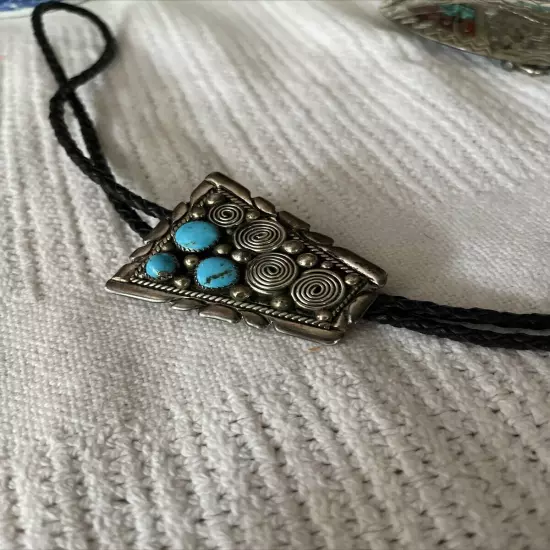 VintageTurquoise Stones Cluster And Silver Western Bolo Tie With Brown Ties