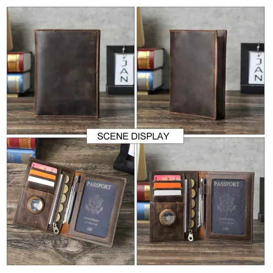 Genuine Leather RFID Coin Pen Passport Holder Bag Wallet AirTag Card Slot Travel