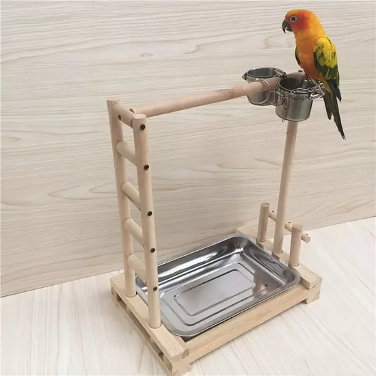 Wooden Perches Bird Stand Large Parrot Perch Playstand with Steel Tray + 2*Fo...