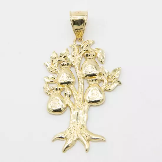 1 3/4" Diamond-Cut Money Bag Tree Luck Pendant Solid Real 10K Yellow Gold