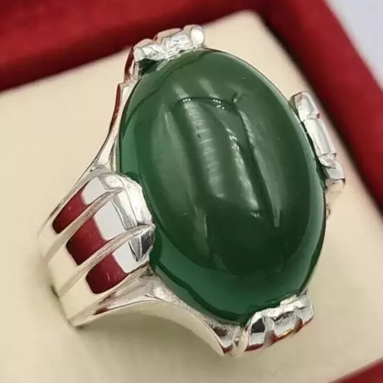 Handmade Silver Ring - Green Yemeni Aqeeq Yamani Akik Agate