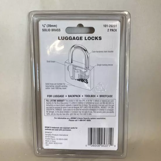 2 Pack Brinks Luggage Locks 20mm Solid Brass 101-20201, Packaging Varies