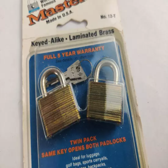 Vintage Master Lock Padlock 12-T Laminated Brass 2 Pack Small Locks Made in USA