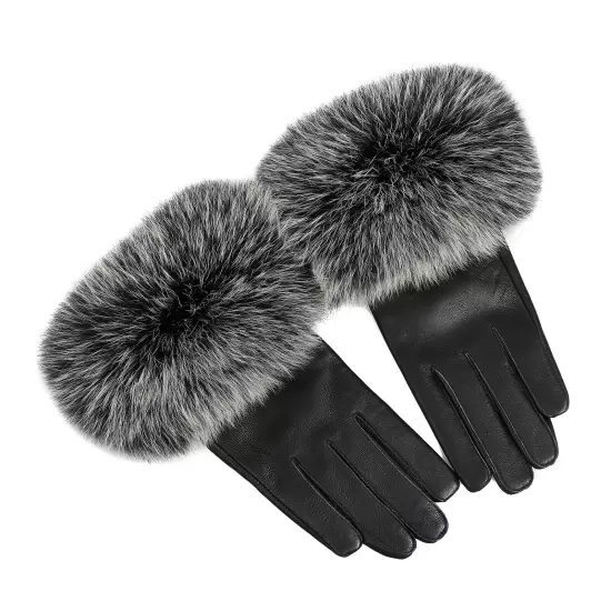 Women Genuine Lambskin Leather Gloves With Real Fox Fur Trim Cuff Winter Warm