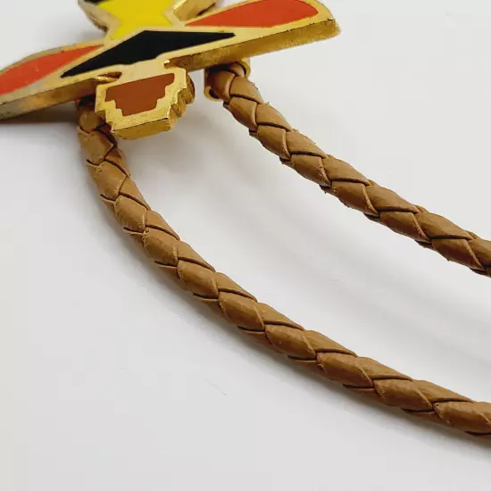 Vintage Bird Man Native American Bolo Gold tone Enameled Tan Bolo Cord 34"