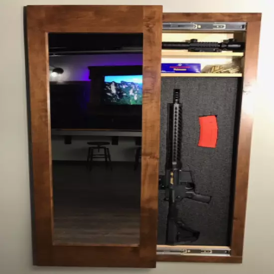  Hidden storage mirror, In-wall gun safe concealment cabinet - American Walnut