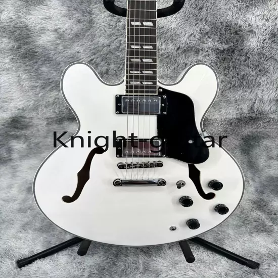 Semi Hollow ES-335 White Electric Guitar HH Pickup Black Pickguard Maple Neck 