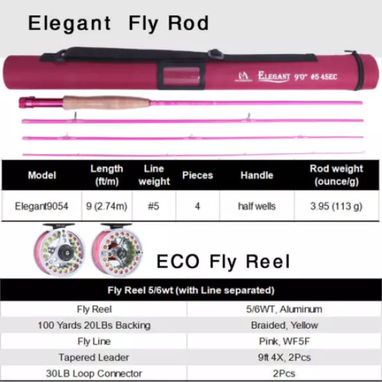 Maxcatch Hot Pink Fly Rod and Reel Combo Kit 5WT 9FT YOUTH FLY FISHING Fly Line