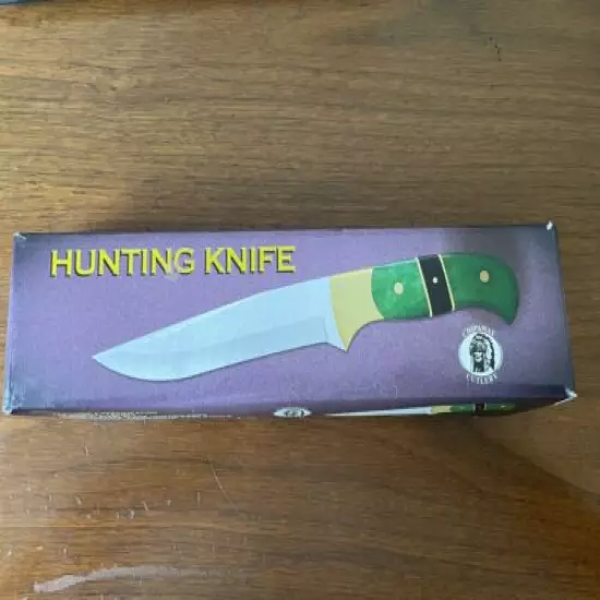 Chipaway Cutlery Hunting Steel Knife Green Bone Handle Leather Sheath 12" Box