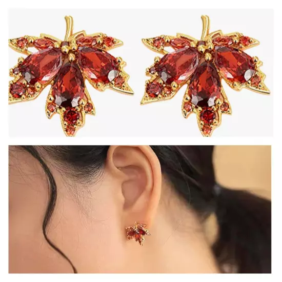 NWT Rhinestone Dainty Maple Leaf Fall Themed Stud Earrings Gold-tone