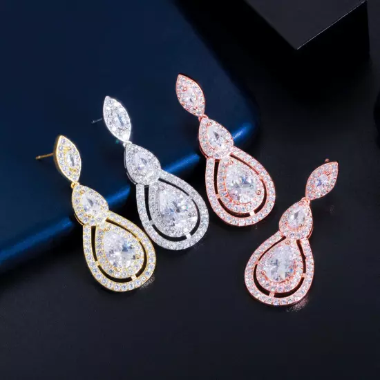 Elegant Rose Gold Plated Cubic Zirconia Dangle Drop Earrings Women Party Jewelry