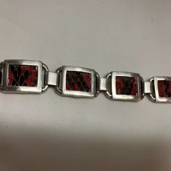 Vintage Versani Sterling Silver Link Men’s Bracelet With Red Snake Skin Inlay