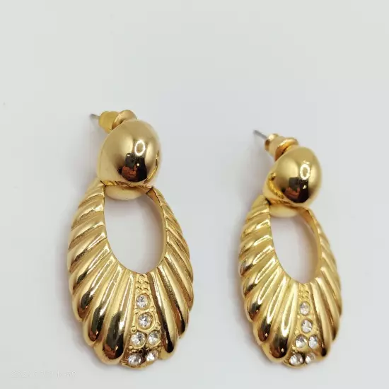 Gold Tone Women's Unbranded Drop Doorknockers Post Earrings Rhinestone Accents