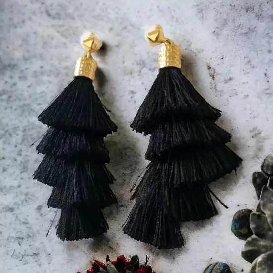 Tassel Dangle Earrings Long Witchy Black Gold Tone Lightweight Gypsy Boho Hippie