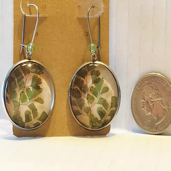 Handmade Floral Earrings Glass Cabochon Greenery Nature Ivy New!