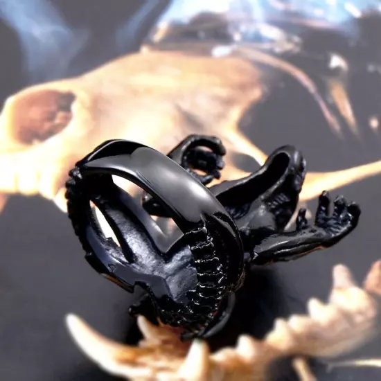 Black Alien Monster Ring Stainless Steel Lizard Alien Men's Vintage Biker Rings