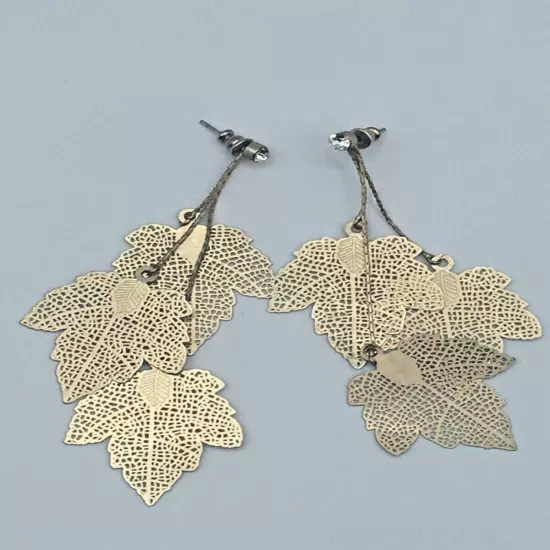 Gold Tone 3 Maple Long Dangle Leaf Rhinestone Earrings 3.5”