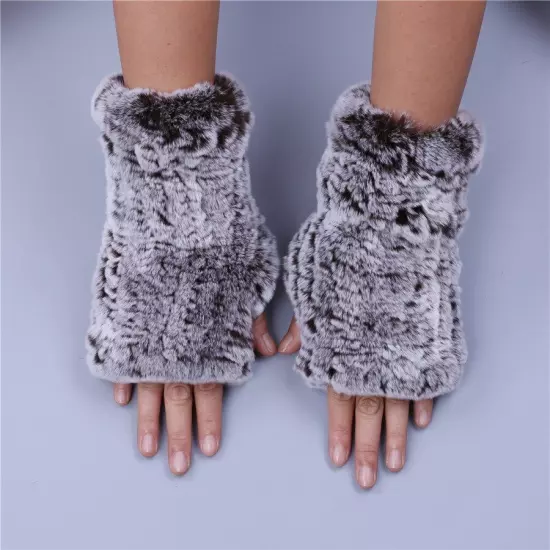 Real Rex Rabbit Fur Women's Gloves Mittens Girl Fingerless Wrist Warmer Elastic