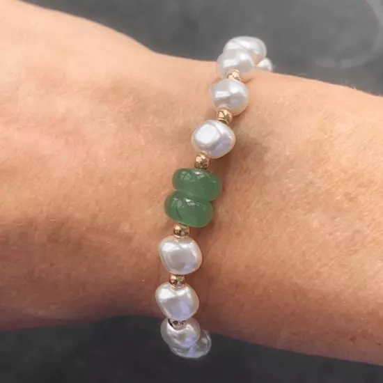 Mason & Madison Pearl Bracelet with Jade Charm Adjustable Crystals Handmade NEW