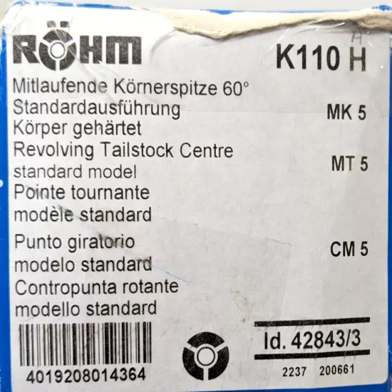 ROHM Revolving Tailstock Center Standard Model MT 5 Size 110 42843/3