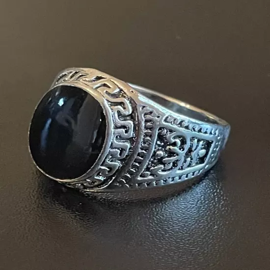 Natural Oval Black Obsidian Stone S925 Silver Plated Men Statement Ring Size 9.5