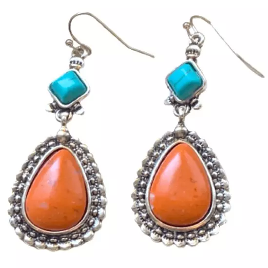 Native American Style Faux Turquoise & Coral Silver Teardrop Navajo Earrings NEW