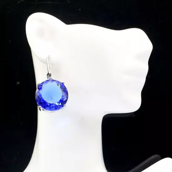 Big Gemstone Rich Blue Violet Tanzanite CZ Women Dating Silver Earrings 