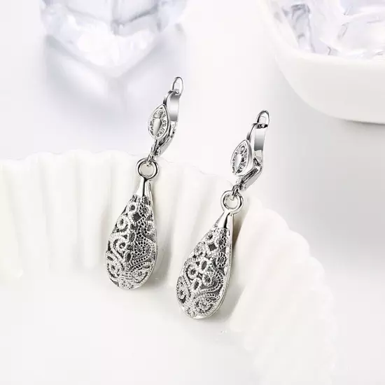 White 18K GOLD Filled Elegant Women Filigree Drop Earrings VINTAGE LOOK 