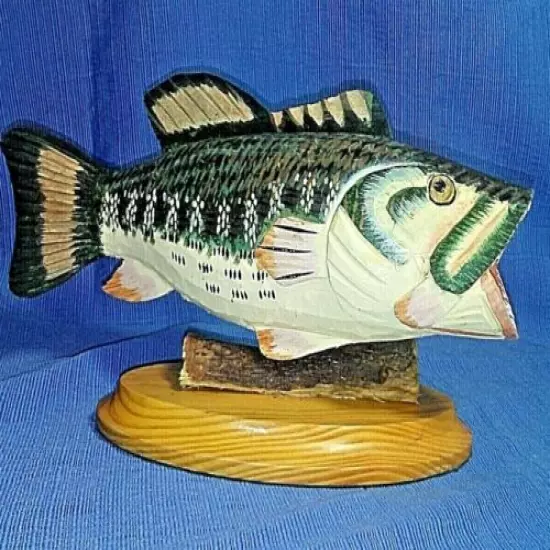 Large Mouth Bass Fish Wood Carving on Oak Base>Fine Detail Scales &Teeth Carved