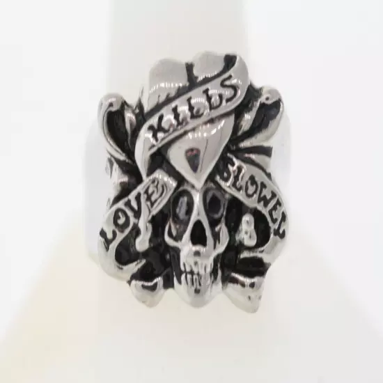 Ed Hardy "Love Kills Slowly" Enhanced Black Diamond Stainless Steel Skull Ring