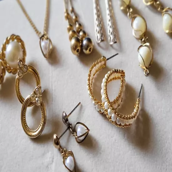 15pc. Lot | Pierced Earrings Necklace | Pearl Hoops | Gold-tone | Rhinestones