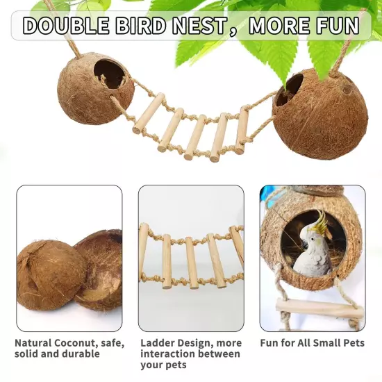 Natural Coconut Hide with Ladder Perches Hanging Bird House Toy for Cage Parr...