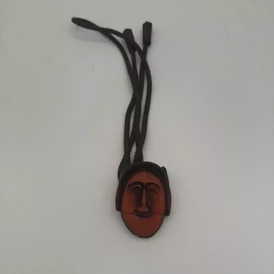 Vintage Korean Hand Carved Wood Hahoe Mask Bolo Tie (C2)