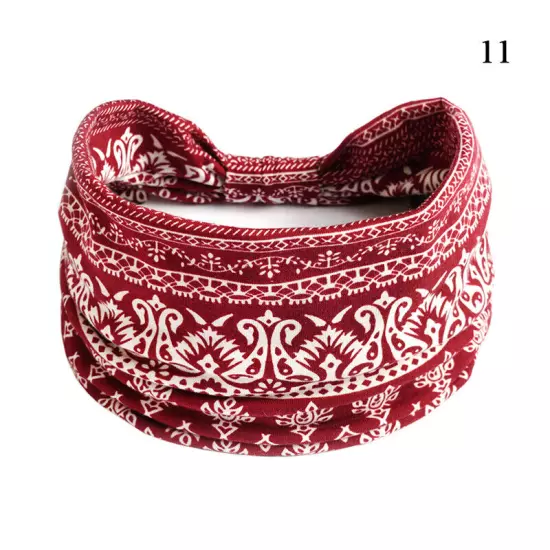 Women Boho Flower Print Wide Headband Vintage Knot Elastic Turban Headwrap *