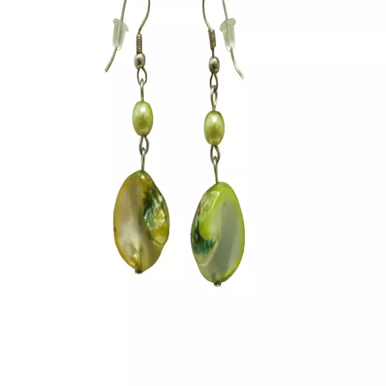 Green Mother of Pearl Dangle Earrings Round Faux Pearl Bead Silver Tone