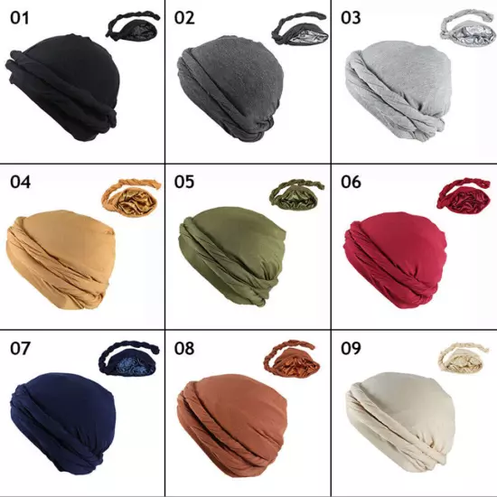 Mens Turban Head Wrap Satin Lined Head Scarf Elastic Headband Caps Halo Hijab