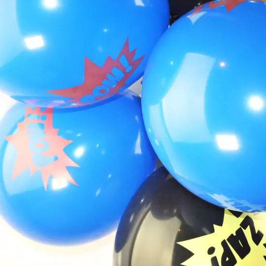 10x Black Blue Zap Pow! Superhero Comics Kids Birthday Party Latex Balloons