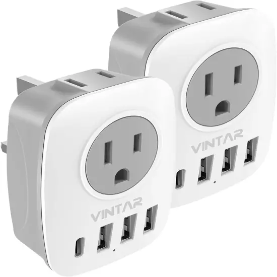 2 Pack UK Ireland Travel Plug Adapter, International Power Adaptor with 1USB C,