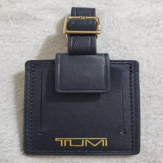 New Tumi Black Leather Luggage Name Tag with Gold-Tone Buckle