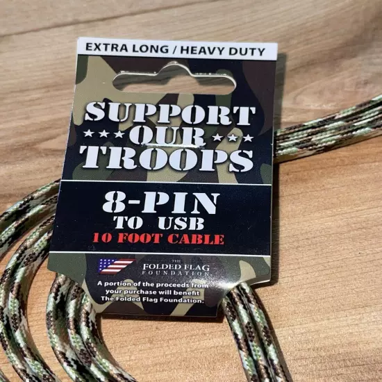 Support Our Troops 8-Pin To USB Extra Heavy Duty 10ft Charge/Sync Cable Camo