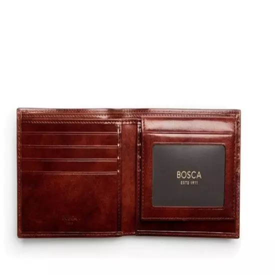 Bosca Leather Credit Wallet w/ID Euro Size Passcase + RFID Color Dark Brown NEW