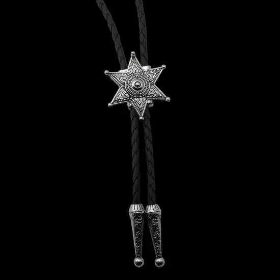 Vintage Men BOLO Tie Hexagonal Star Wedding Necklace Alloy PU Western Cowboy