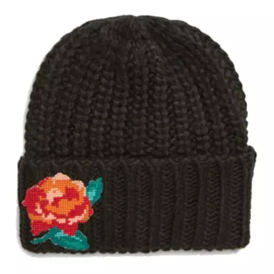 Free People Everything Rosy Wool Blend Beanie Black Feminine Floral Ribbed NWT